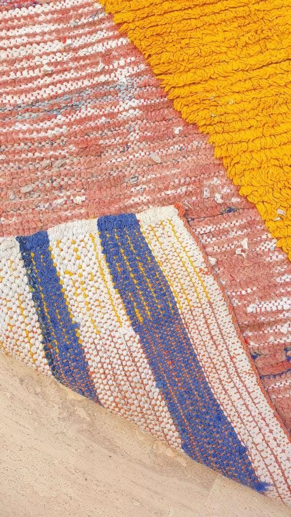Vintage Moroccan rug 3.3x8.9 Blush Peach Yellow Boujaad rug incredible  black Yellow Tribal Rug Unique boujad Rug living room rug