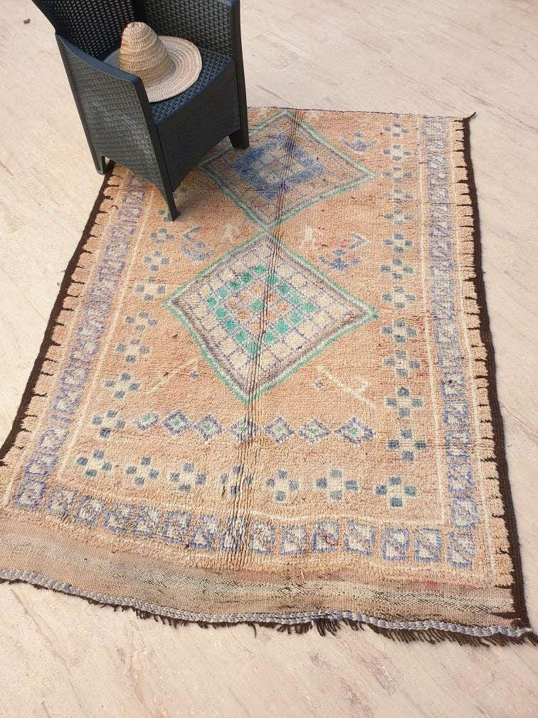 50% OFF CLOSING SALE Vintage Moroccan Rug 5.4x7 Marvelous large cream rug Latté Boujaad Teal Beige rug, pastels morocan rug, squarish carpet