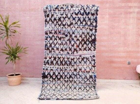 Vintage Moroccan Rug  3.8x7.5 Rare Azilal Berber Boucherouite rug, tribal rug bedside rug bedroom rug living room rug vintage accent rug