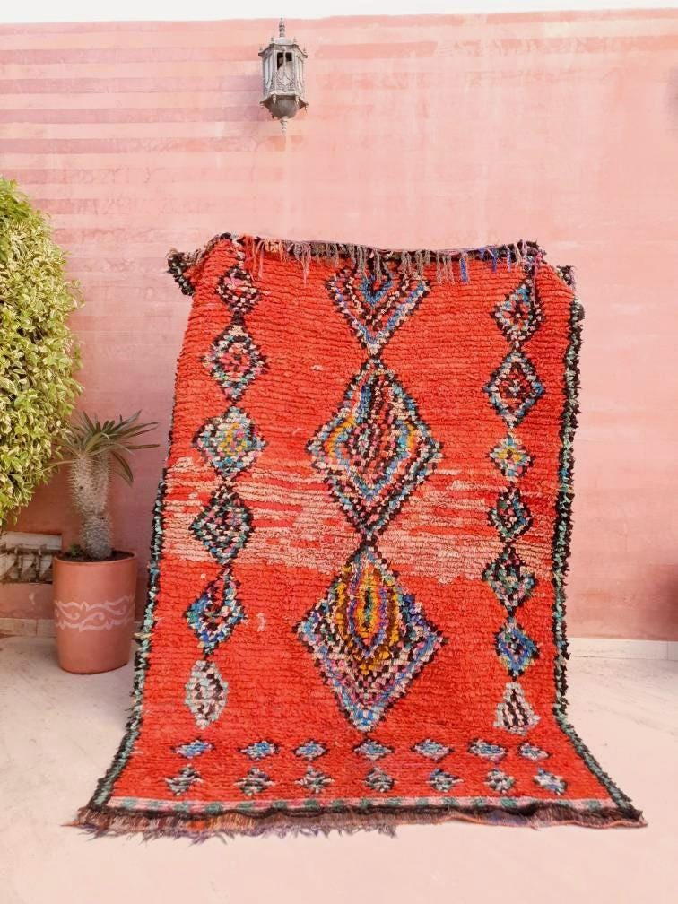 Vintage Moroccan Rug 5x7.7 Red bold vintage Boucherouite Rug, bedroom rug living room  hallway rug berber area rug