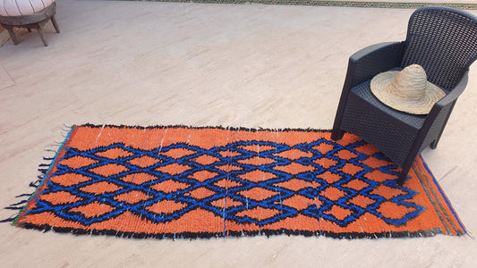 50% OFF CLOSING SALE Stunning Moroccan Runner Rug 2.8x6.5 Super Pretty Boujaad rug, Artistic Blue Papaya Orange Geometric Hallway rug