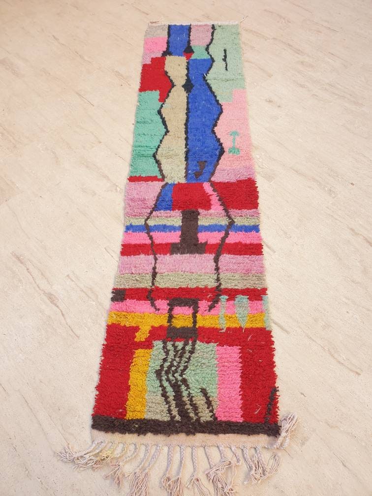 Gorgeous Moroccan rug 2.3x9.5 "Cocktail Party" Colorful Wool Runner rug, retro style cute abstract hallway boujaad rug