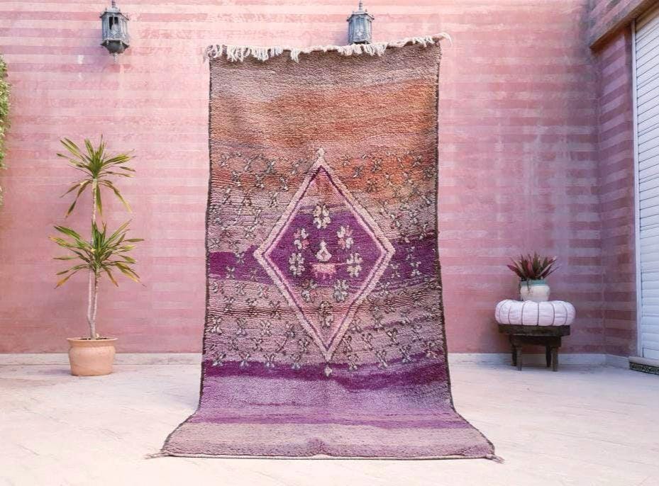 50% OFF CLOSING SALE Vintage Moroccan Rug 3.9x8.5 Gorgeous Purple Peach Blush rug "Roses & Butterflies" Unique boujaad rug mauve purple rug
