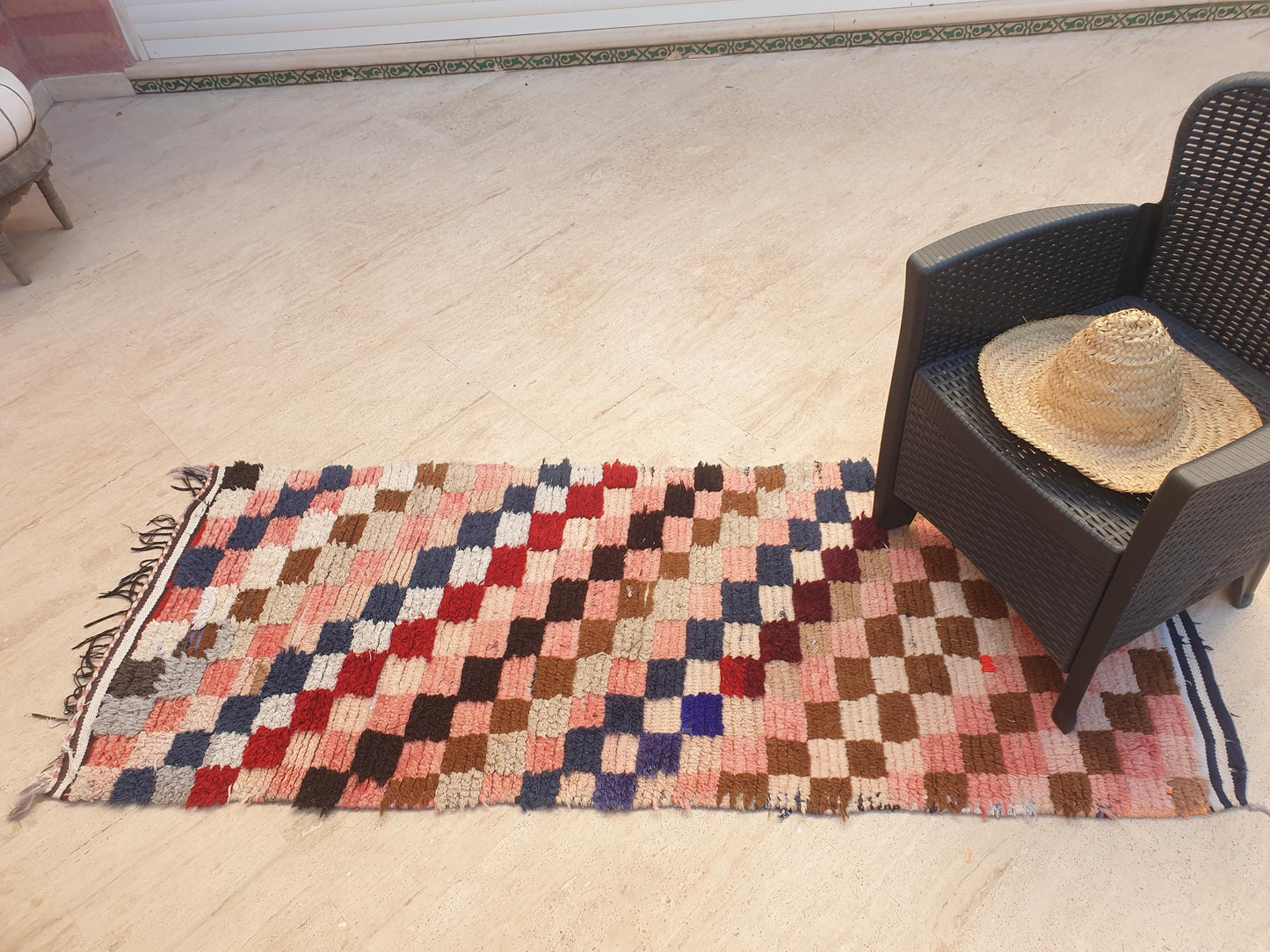 Gorgeous Moroccan Runner Rug • 2.5ft x 6.6ft • Checkered Boujaad Rug • Blush Brown Pink rug • Colorful Boucherouite rug