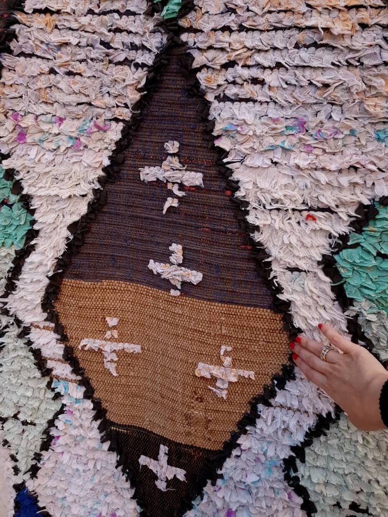 Vintage Moroccan Rug 2.6x8.6 Beautiful Boucherouite Runner Rug Aqua Blue accent runner Rug Unique Hallway rug, Brown Beige boho rug