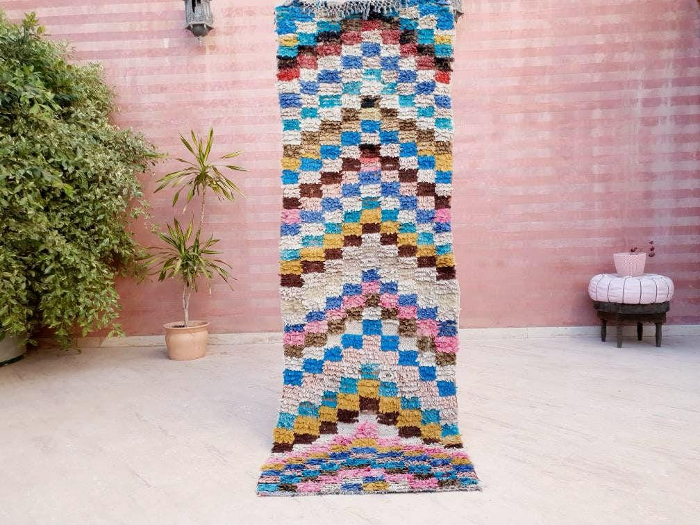 Vintage Moroccan Rug 2.5x7.7 Cute Checkered Runner Rug | Boujaad Rug  | Retro Berber Boucherouite Rug | Hallway Rug | Vintage Entry way Rug
