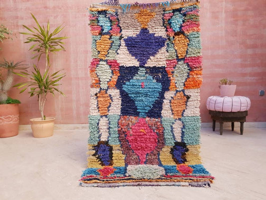 Vintage Moroccan rug 3.2x5.7 Runner rug | Unique Colorful Abstract boucherouite rug hallway rug boujaad colorful rug, Unique entryway rug