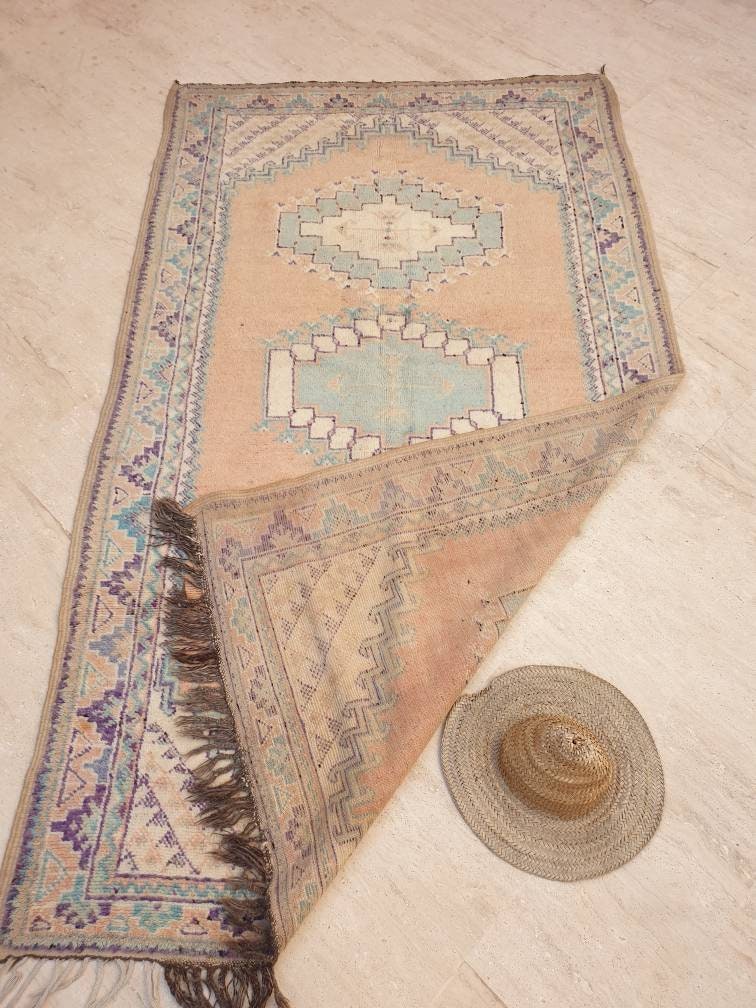 Vintage Moroccan rug 5x8.5 Precious Blush teal lavender Rug, Peach boujaad rug, Unique Taznakht rug