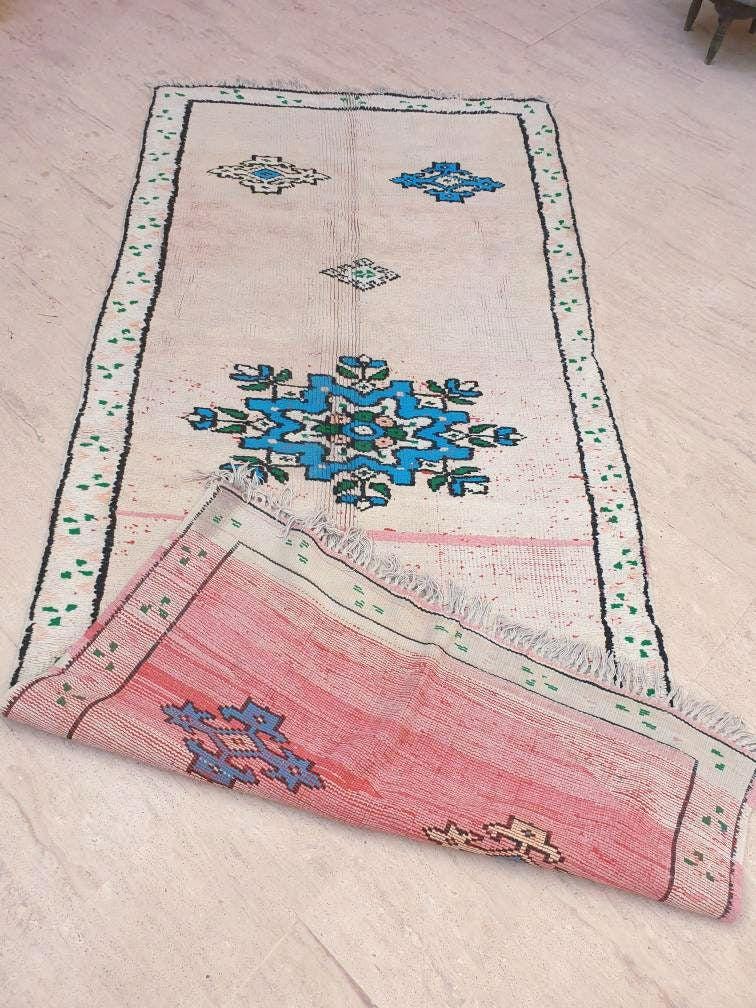 Vintage Moroccan Rug 4.6x10 Stunning pink White Boujaad Rug, unique tribal morocco rug, large boujad rug