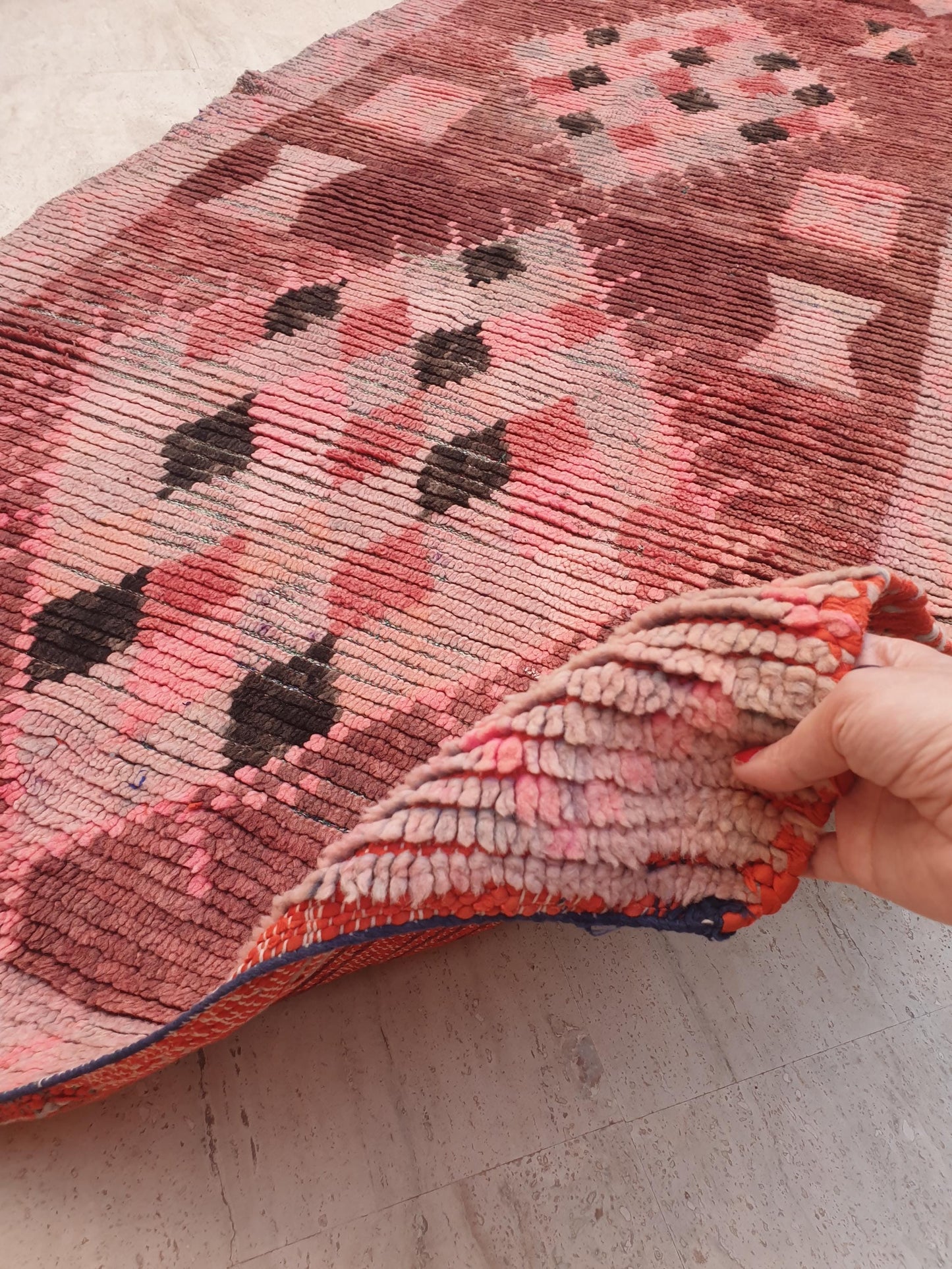 Vintage Moroccan Rug 3.5x8.5 Gorgeous Boujaad Blush Pink Brown rug, Beige Cream Hallway rug, Unique runner rug Authentic Berber Boujad rug