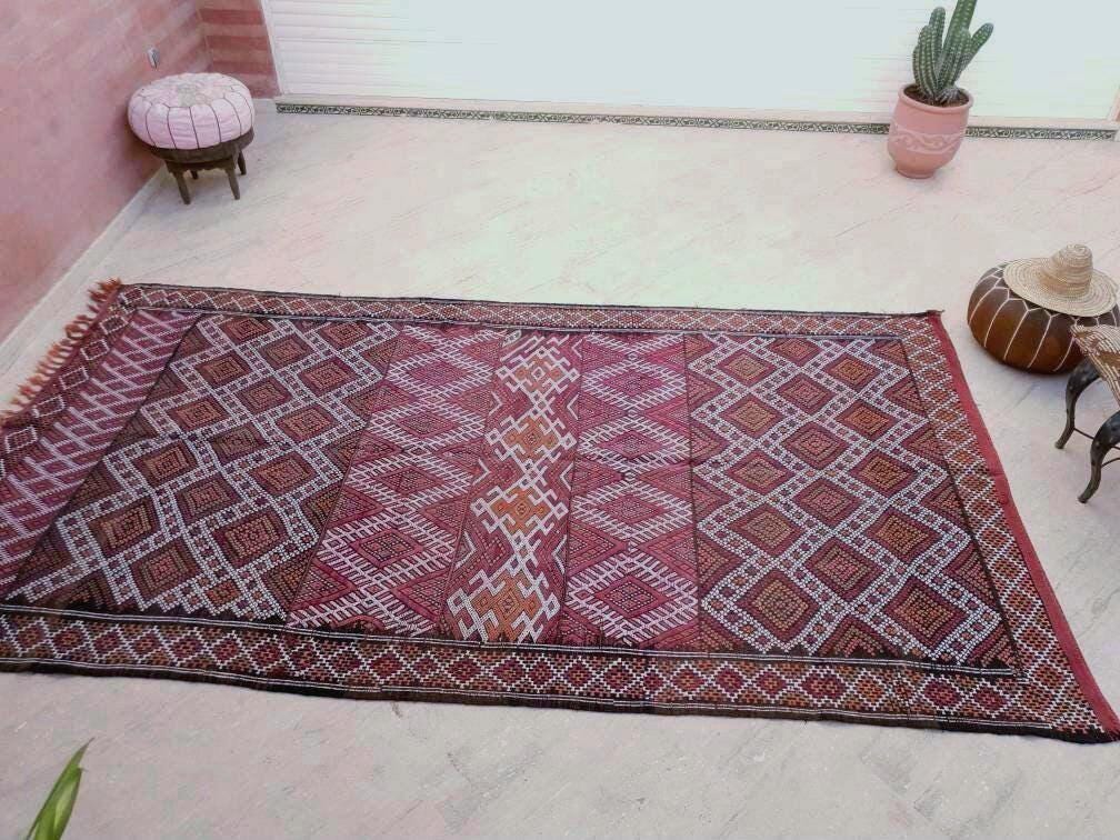 50% OFF SALE Vintage Moroccan Rug 6.3x11.8 Stunning kilim rug, Large area rug Vintage sequins berber rug Bedroom Rug, Warm Red Orang