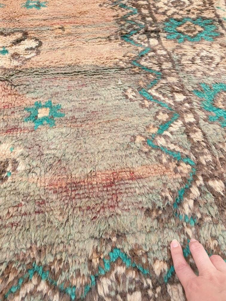 Vintage Moroccan Rug 4.5x7.6 Majestic Boujaad rug "Teal Poppies" blush Orange Geometric Rug
