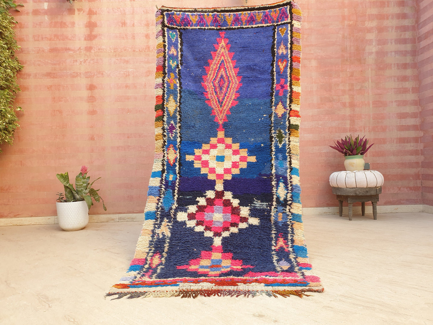 Vintage Moroccan rug 3.6x7.6 Unique Stunning blue Azilal Rug,  Abstract Berber runner rug, boujaad rug boucherouite rug