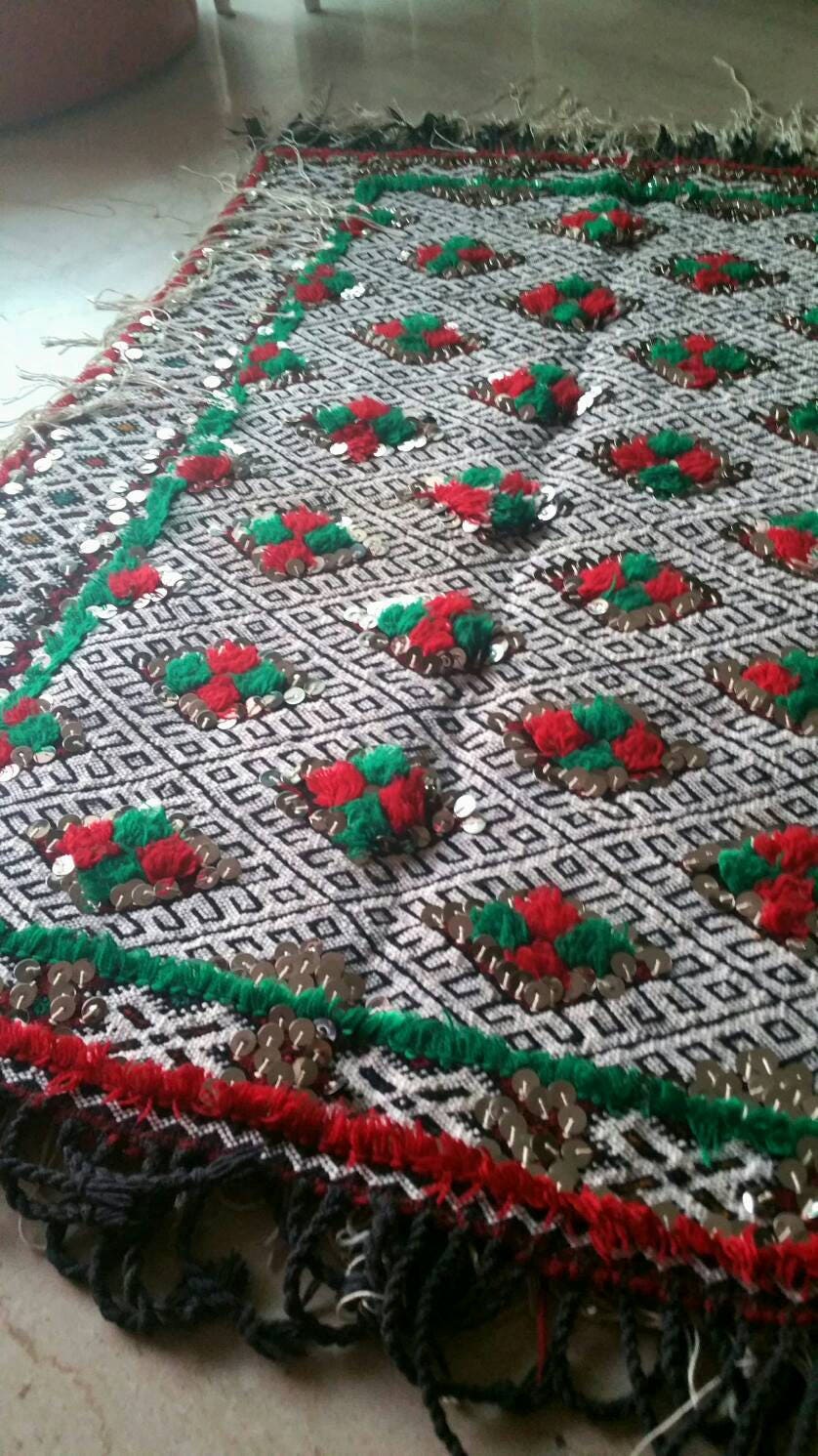 Antique Moroccan Wedding Blanket with Sequins, Berber Rug (3.6 ft x 2.5 ft)