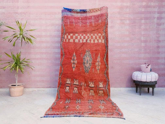 Vintage Moroccan rug 3.8x9.5 Unique Boujaad rug Gorgeous blush warm tones muted orange red rug  bedroom living room rug boho rug berber rug