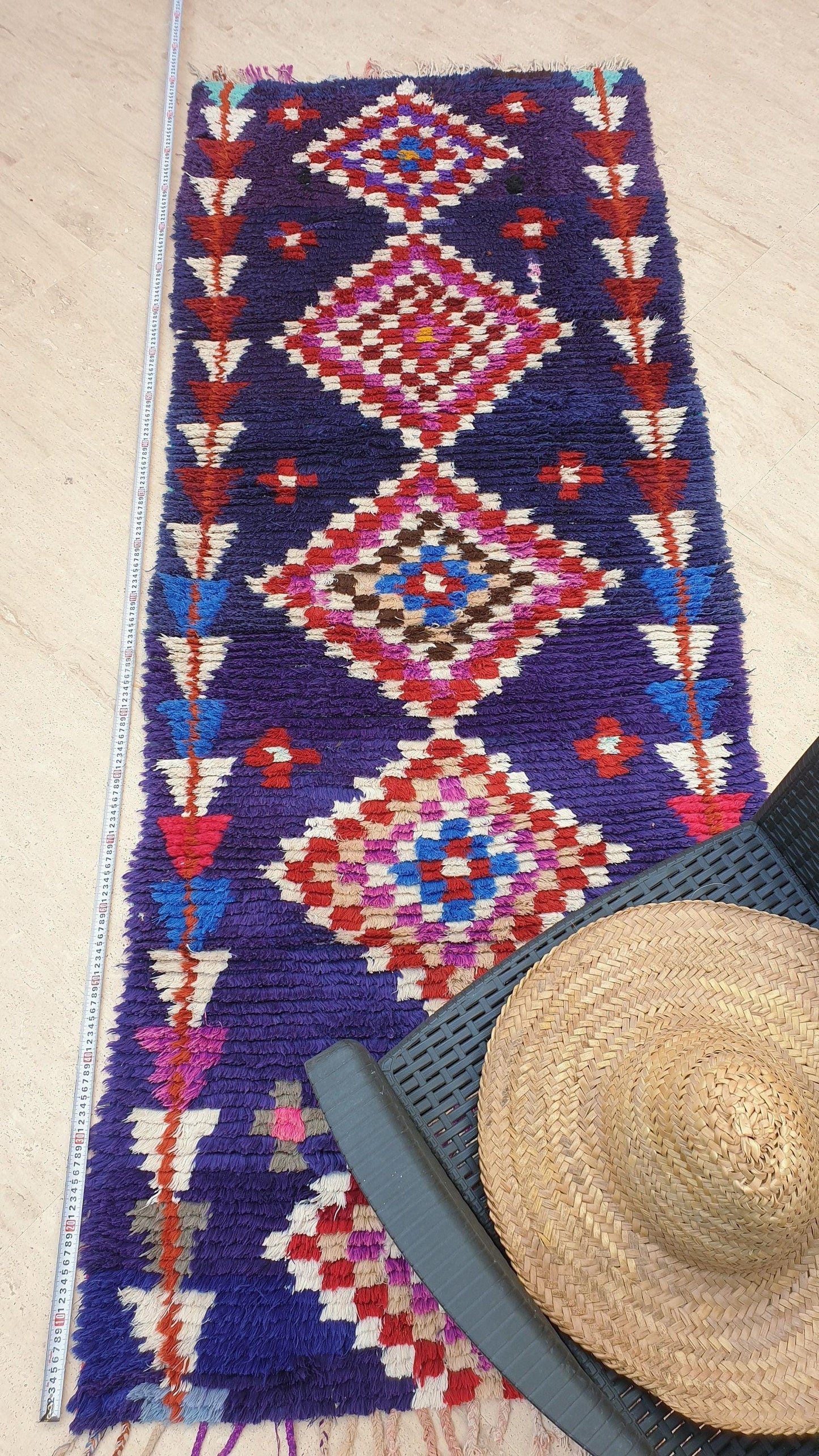 50% OFF CLOSING SALE Vintage Moroccan rug 3x7.8 Gorgeous blue purple Boucherouite Rug, hallway rug, geometric runner rug, blue boujaad rug