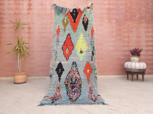 50% OFF CLOSING SALE Vintage Moroccan rug 2.8x6.6 Super pretty Sky Blue Abstract boujaad runner rug, colorful blush cyan berber rug