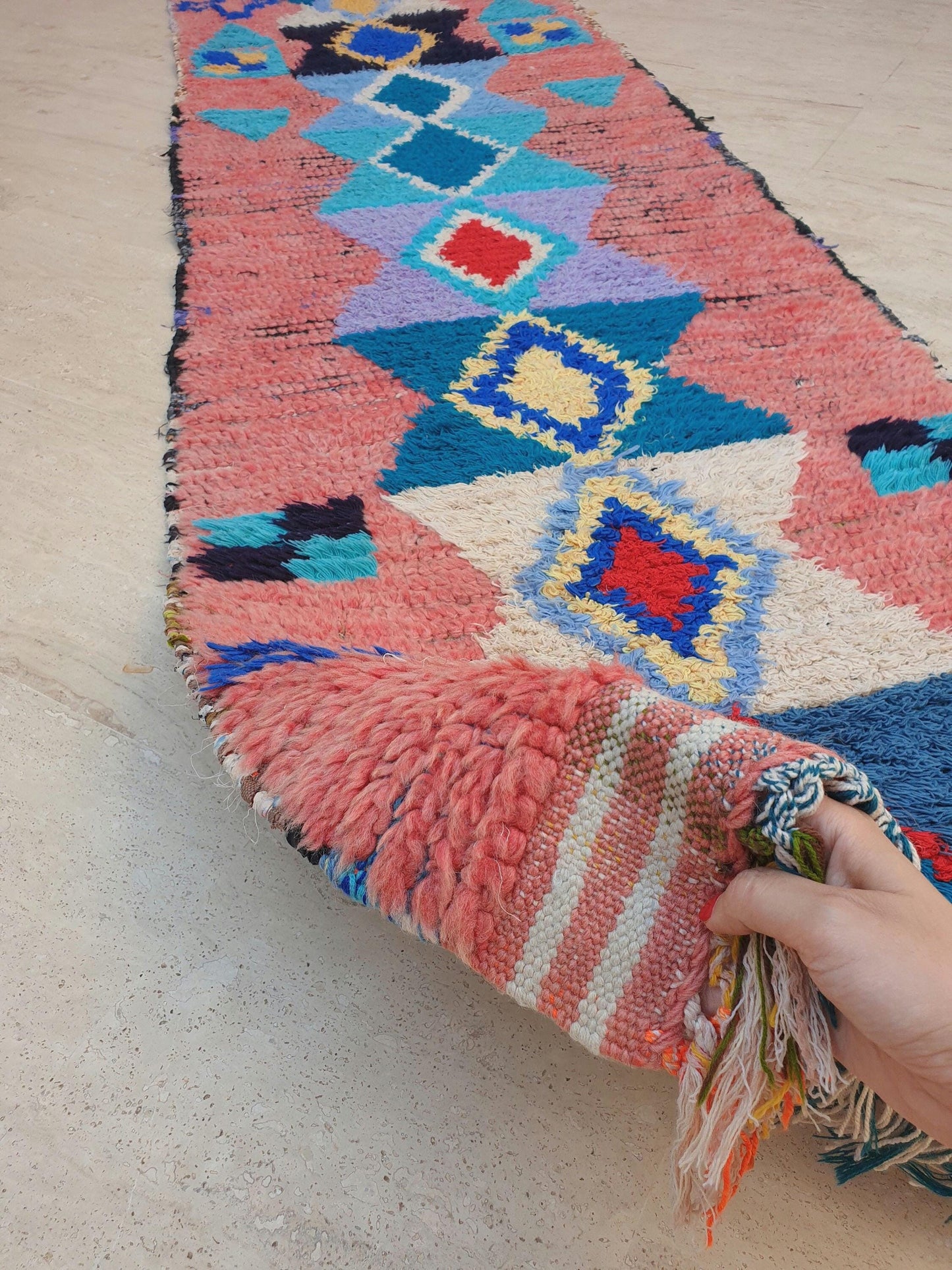 Gorgeous Moroccan rug 2.5x9 "Ibiza" Blue Pink Blue Colorful Runner rug, retro style  handmade hallway boujaad rug