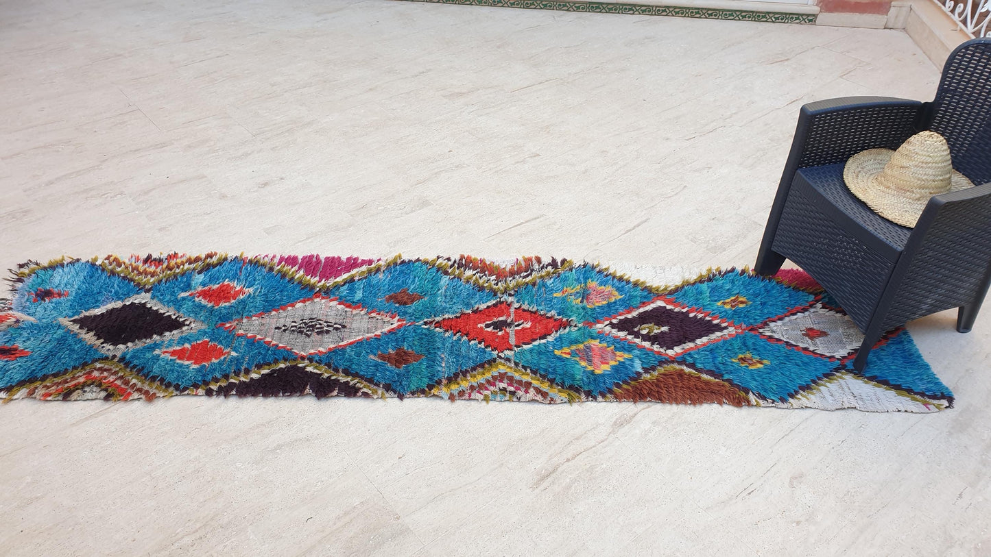 Gorgeous Moroccan vintage runner rug 2.2x9.5 teal blue rug boucherouite berber rug