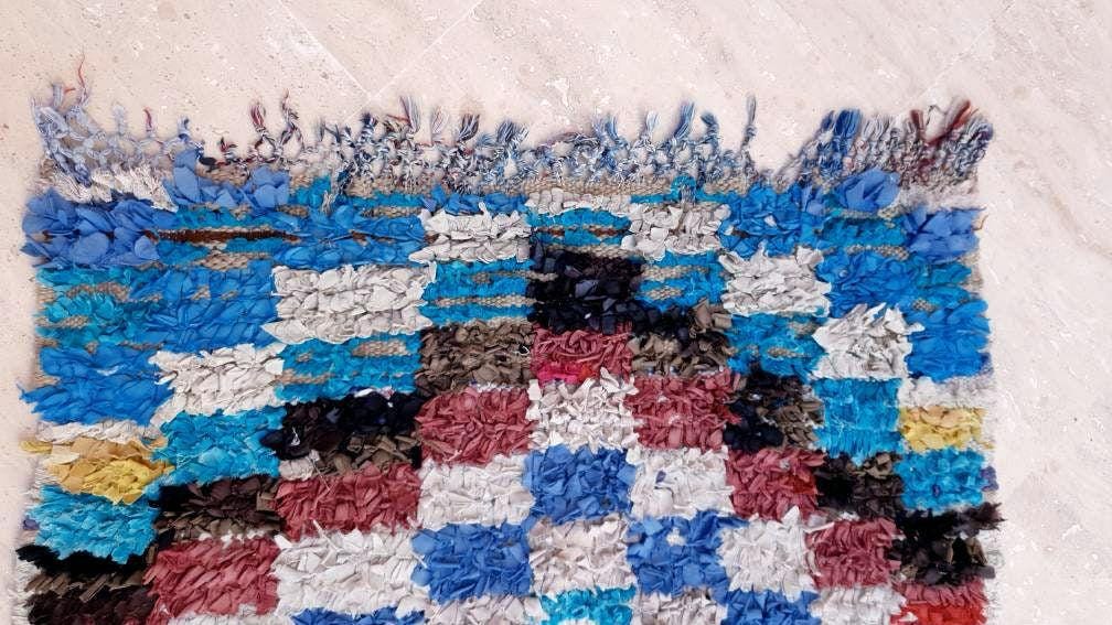 Vintage Moroccan Rug 2.5x7.7 Cute Checkered Runner Rug | Boujaad Rug  | Retro Berber Boucherouite Rug | Hallway Rug | Vintage Entry way Rug