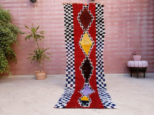 Vintage Moroccan Runner Rug • 2.6x8.9 ft • Colorful Abstract Hallway Boujaad • Red, Blue & Yellow Berber Wool Carpet • One-of-a-Kind carpet