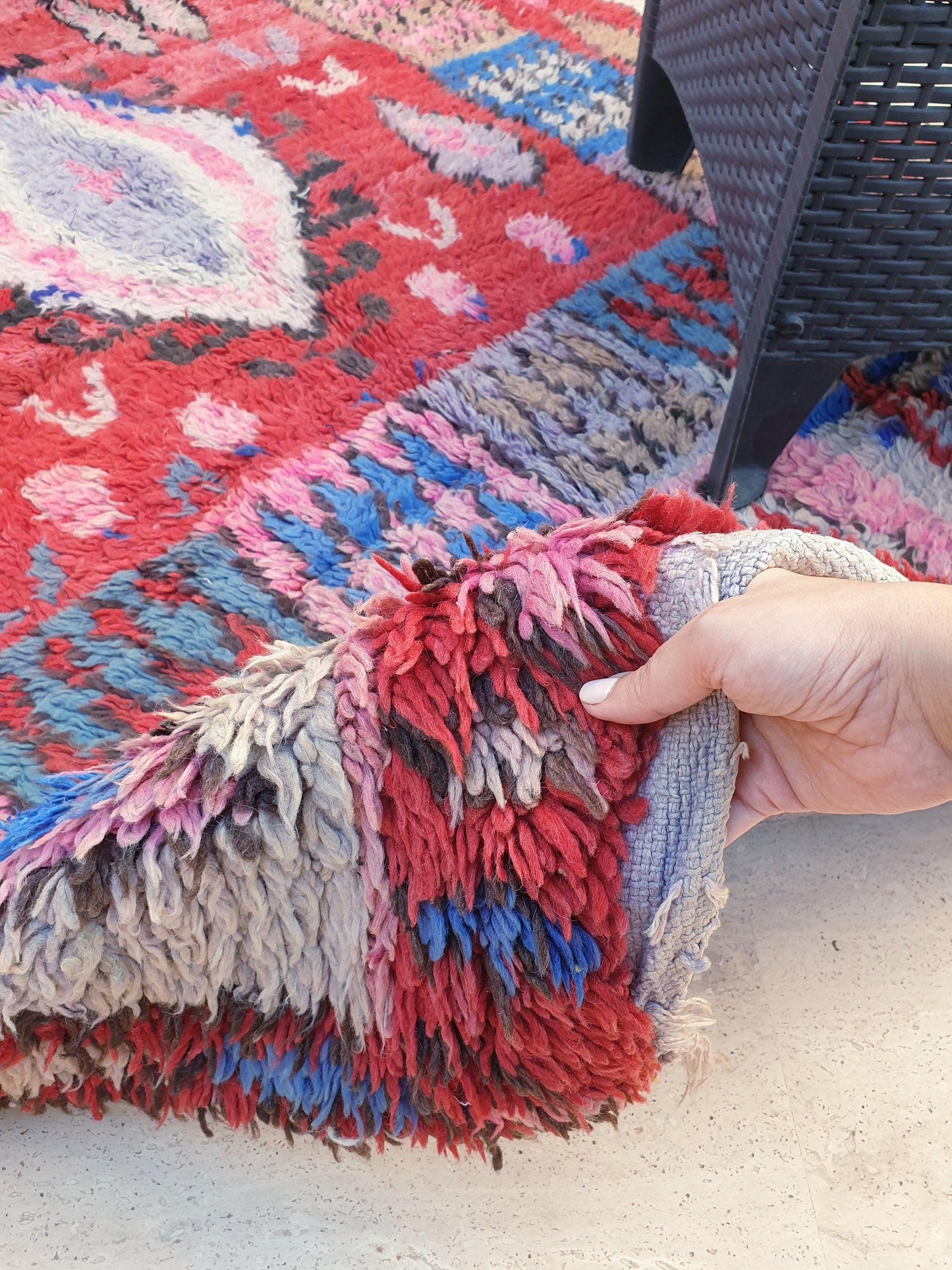 Vintage Moroccan Boujaad Rug • 4.9x9.2 ft • Red, Blue, and Lavender Tribal Wool Carpet • Bold Bohemian Berber Statement Piece