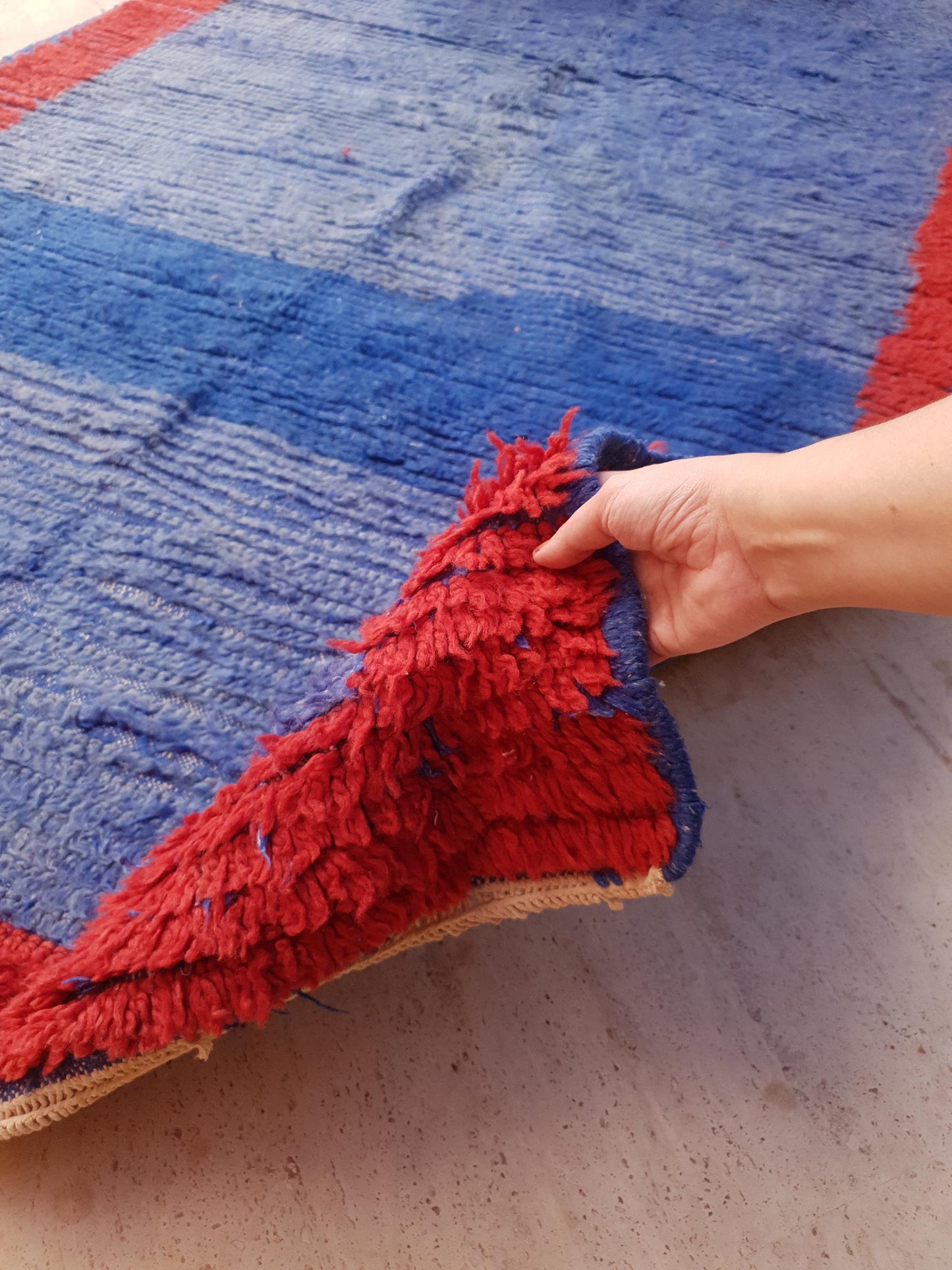 Vintage Moroccan Rug 4.8x8 | Minimal Blue Red Boujaad Rug | Modern Tribal Rug | One-of-a-Kind Berber Carpet