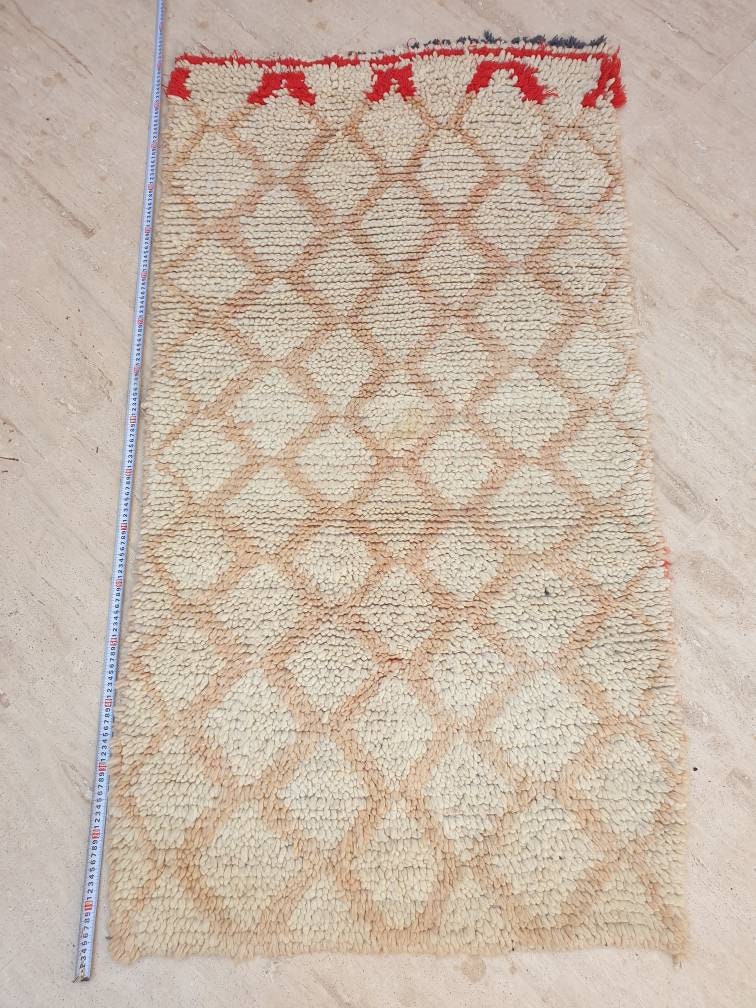 Vintage Moroccan Rug 3x5.6 Super Pretty vintage Berber Wool Rug, Peach Eggshell  Geometric boujaad berber rug, artistic Red accent rug