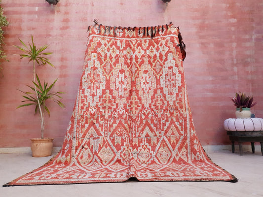 50% OFF CLOSING SALE Gorgeous Vintage Moroccan Rug 6.3x8.3 deep Coral Beni Mguild Rug Boujaad rug salmon bedroom rug, dining room boujad rug