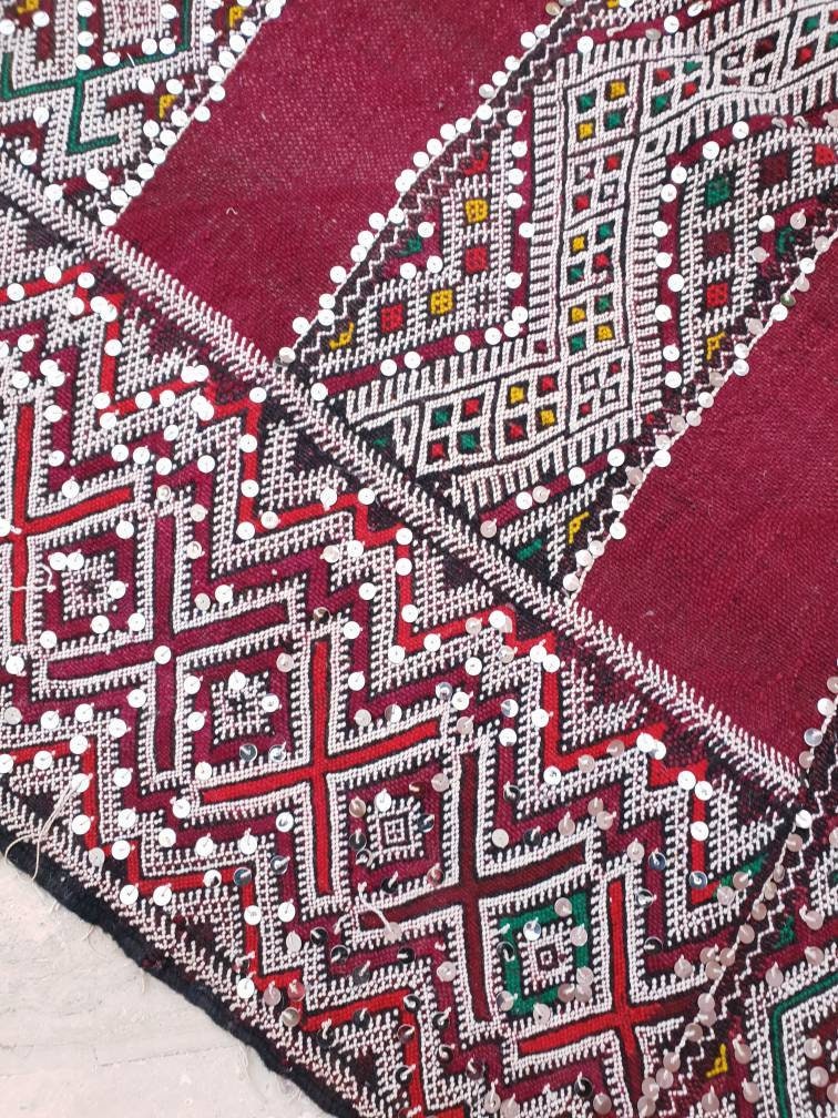 Incredible Moroccan rug | Sequined 4×10 ft Berber Rug | maroon kilim rug bedroom rug living room rug