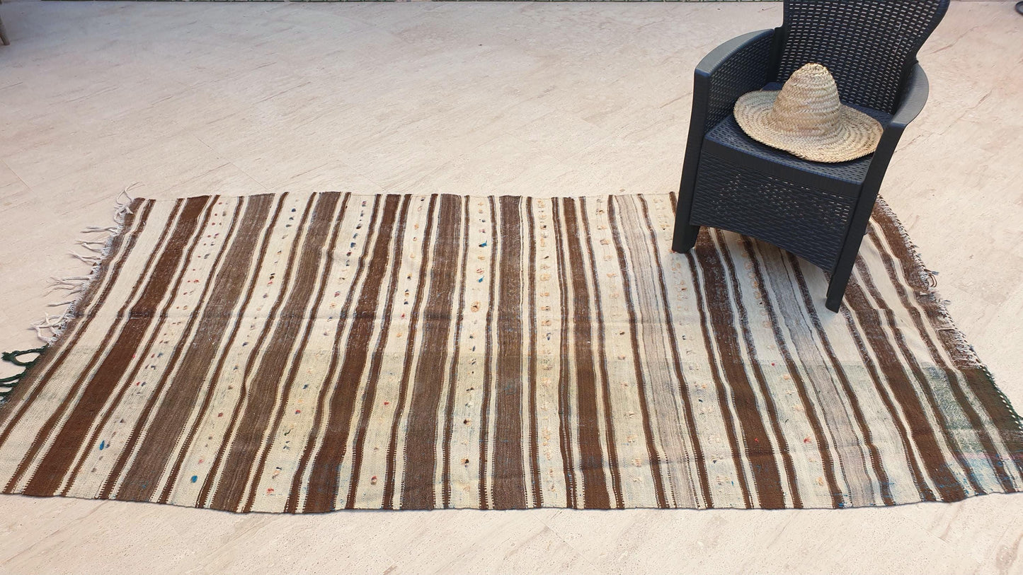 Vintage Moroccan Rug 4.3x8.7 Unique Beige Brown Moroccan Kilim | Woven wool flatweave rug | antique tribal rug Berber wool throw