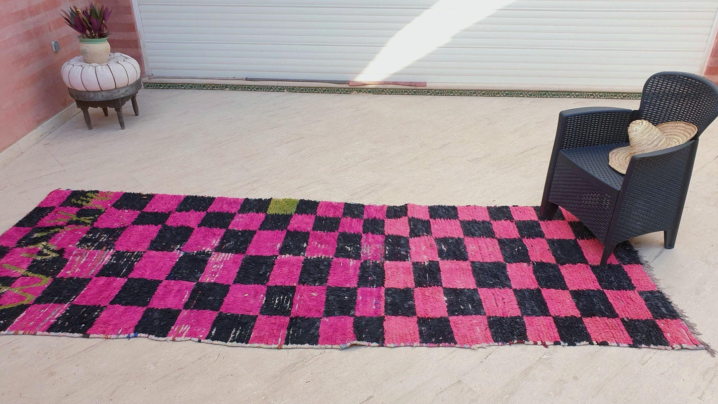 Gorgeous hot pink checkered runner rug 4x11.2 unique wide boucherouite hallway rug, wool rag Berber rug, pink green boujaad rug