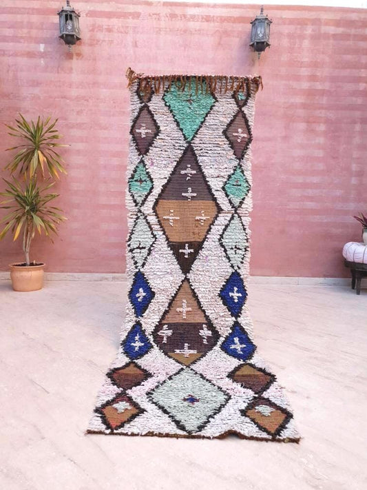 Vintage Moroccan Rug 2.6x8.6 Beautiful Boucherouite Runner Rug Aqua Blue accent runner Rug Unique Hallway rug, Brown Beige boho rug