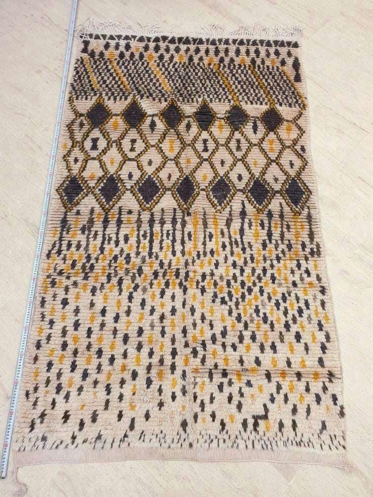 50% OFF CLOSING SALE Vintage Moroccan Rug 4x7 Stunning  Azilal Rug Mustard Brown Cream Berber Rug | Unique Tribal rug | wool bedroom rug