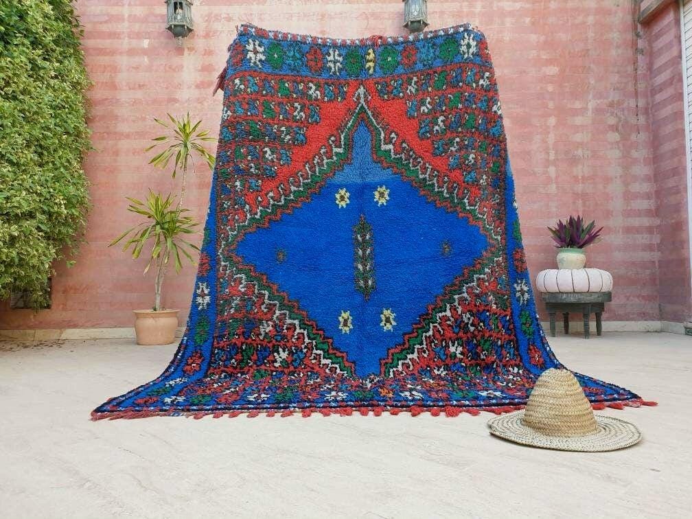 Vintage Moroccan Rug 6.3x7.8 Stunning Berber Blue Rug, Unique Rare Majorelle Bleu Boujaad Rug, Tribal living room rug