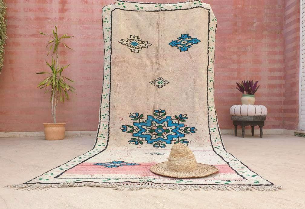 Vintage Moroccan Rug 4.6x10 Stunning pink White Boujaad Rug, unique tribal morocco rug, large boujad rug