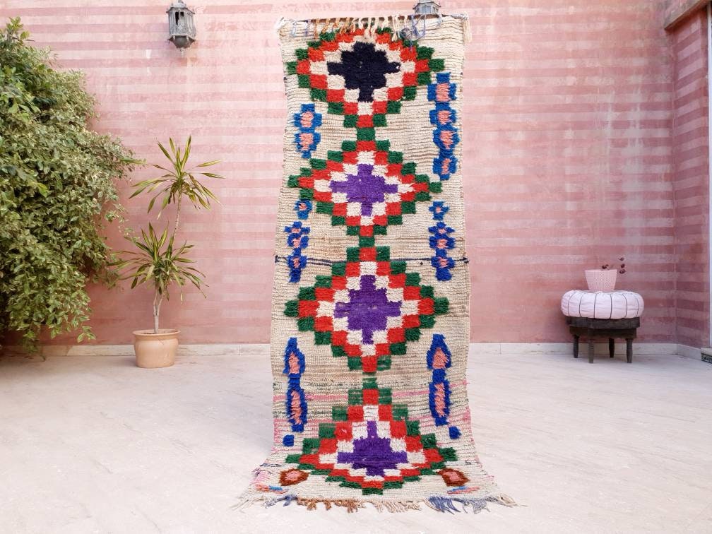 Vintage Moroccan Rug 3x7.2 Boujaad rug, Unique Boucherouite runner Rug, Boujad Rug | Hallway rug | living room rug  moroccan runner  rug