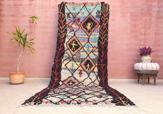 Vintage Moroccan Rug 4.2x10.5 Incredible Artistic Azilal Rug, Vintage Boujad rug, Abstract Colorful Berber Rug