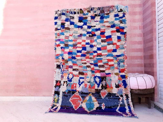 Vintage Moroccan Rug 3.9x6.2 Boucherouite Rug, Boujaad rug Rug | Colorful Hallway Rug | Berber Runner rug | bedroom rug | living room rug