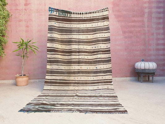 Vintage Moroccan Rug 4.3x8.7 Unique Beige Brown Moroccan Kilim | Woven wool flatweave rug | antique tribal rug Berber wool throw