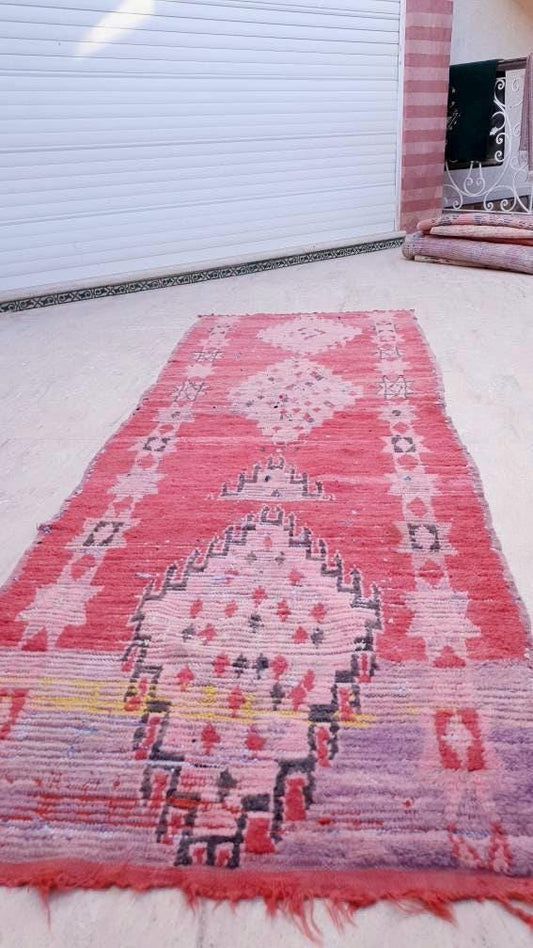 50% CLEARANCE SALE Vintage Moroccan rug 3.1x9.2 Gorgeous Pink Blush Coral Red Rug, Purple Accents Runner rug, Abstract tribal rug