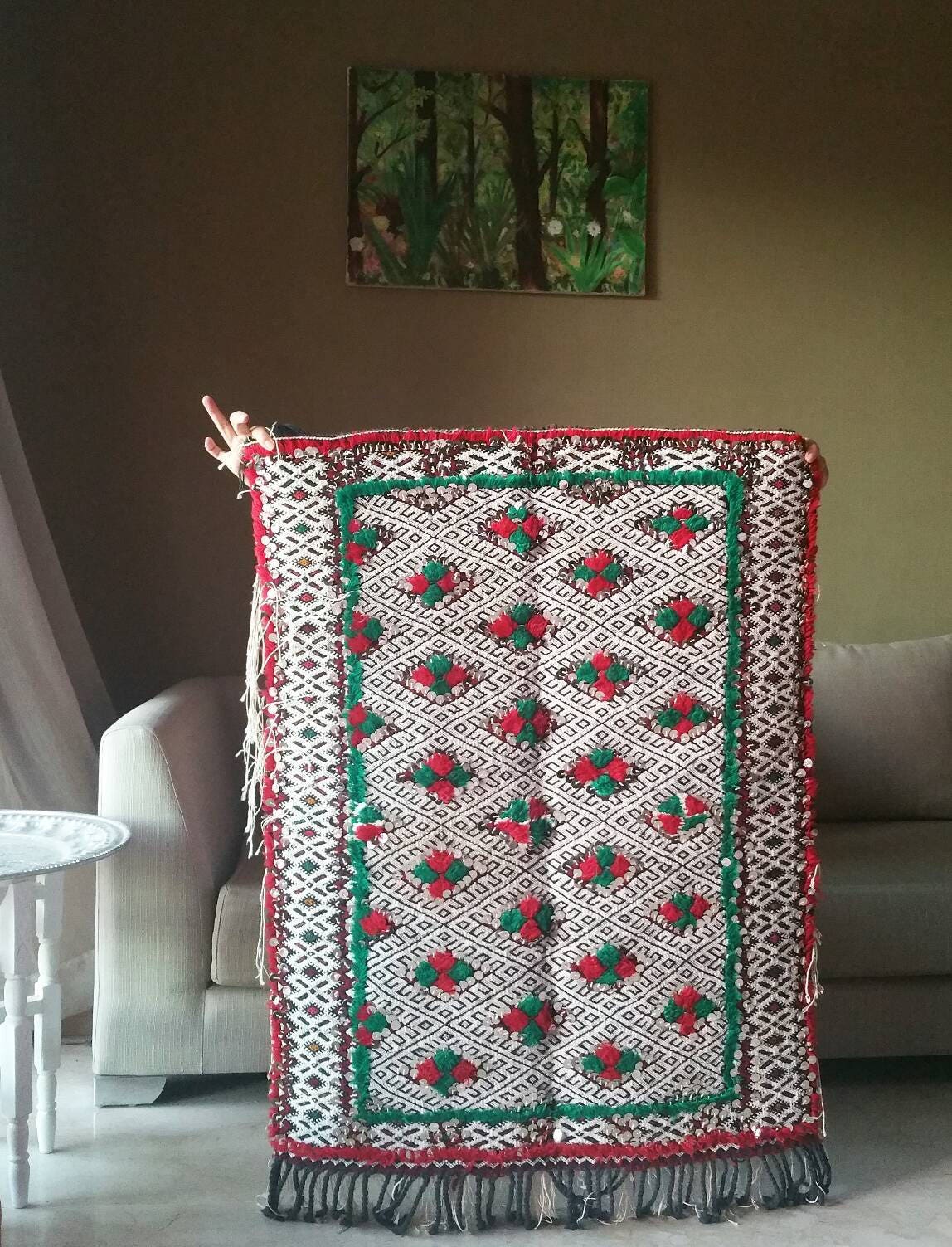 Antique Moroccan Wedding Blanket with Sequins, Berber Rug (3.6 ft x 2.5 ft)