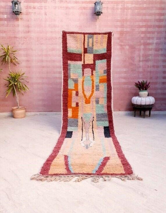 50% OFF CLOSING SALE Vintage Moroccan rug 3x10.2 Runner rug, 80s vibe lovely hallway rug, boujaad rug, colorful terracota abstract rug