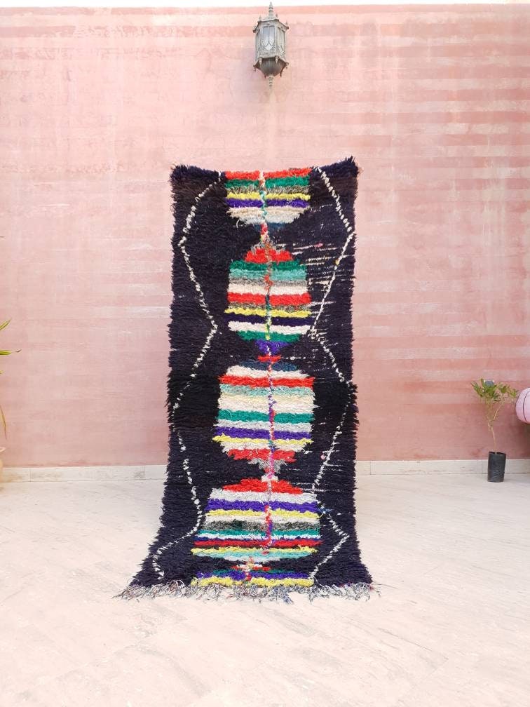 Vintage Moroccan Rug 2.7x7.5 black navy Runner Rug, Azilal rug, Black boucherouite rug, living room rug morrocan bedroom rug, boho rug,