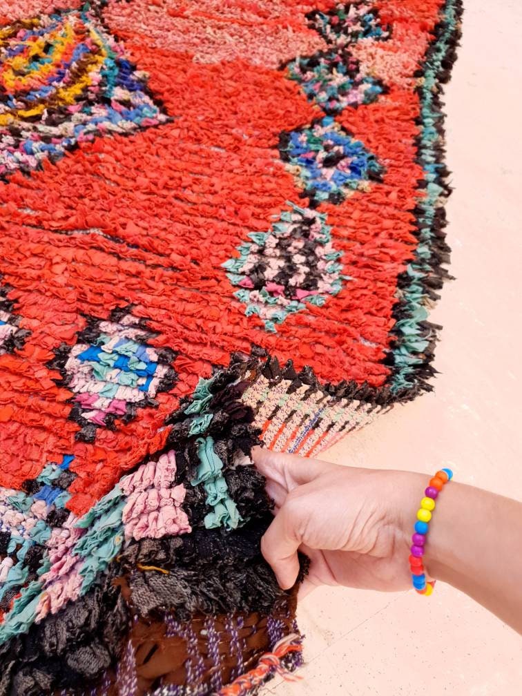 Vintage Moroccan Rug 5x7.7 Red bold vintage Boucherouite Rug, bedroom rug living room  hallway rug berber area rug