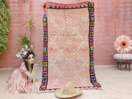 50% OFF CLOSING SALE Vintage Moroccan Rug 3.8x7.2 Gorgeous Blush Pink rug Unique Boujaad rug, Moroccan rug blush bedroom rug pastel pink rug