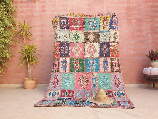 Vintage Moroccan Rug 4.5x7 Gorgeous Pastels Berber Rug, Unique Colorful Boucherouite Rug, unique geometric Boujaad rug