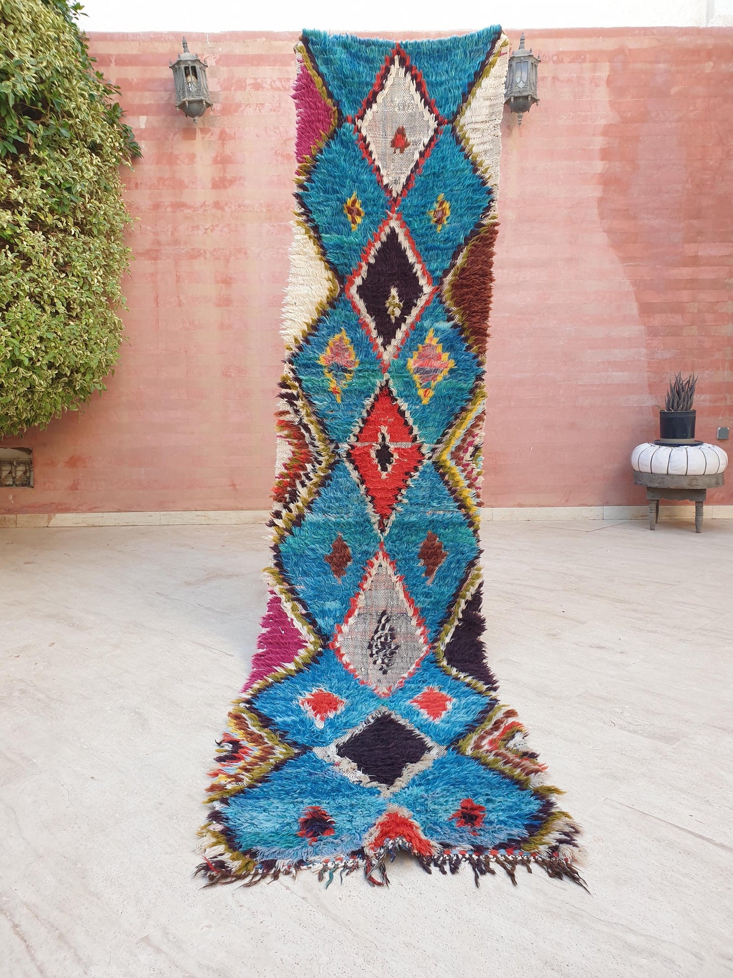 Gorgeous Moroccan vintage runner rug 2.2x9.5 teal blue rug boucherouite berber rug
