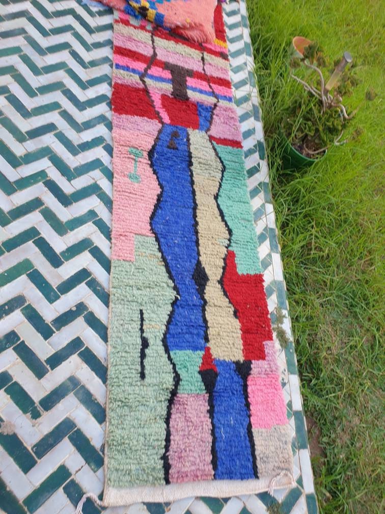 Gorgeous Moroccan rug 2.3x9.5 "Cocktail Party" Colorful Wool Runner rug, retro style cute abstract hallway boujaad rug