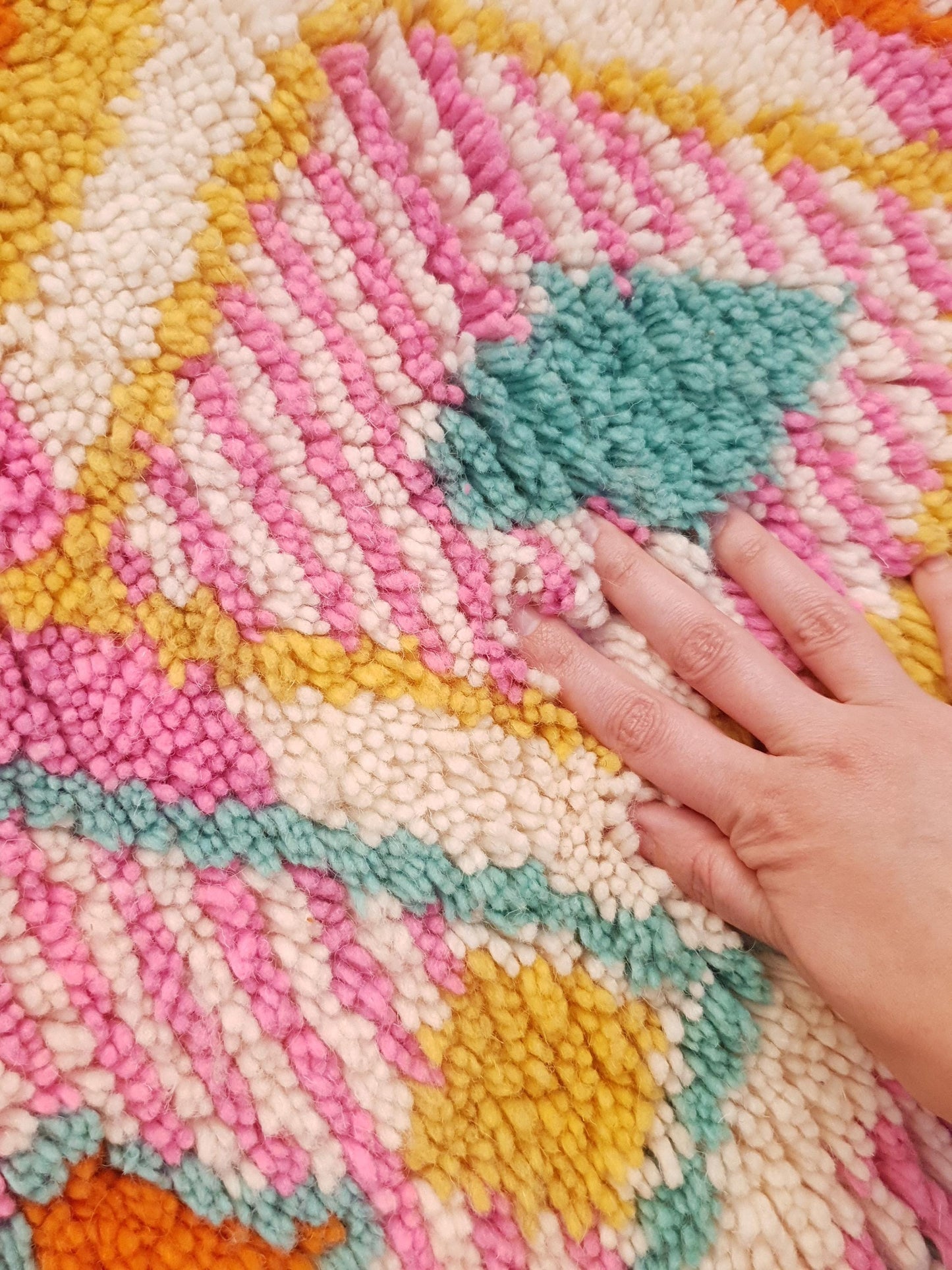 Azilal Wool Rug 4.1x5.7 ft • Custom One-of-a-Kind Moroccan Rug • Handspun Wool • Pink Turquoise Orange Diamond Design • Berber Tribal Rug